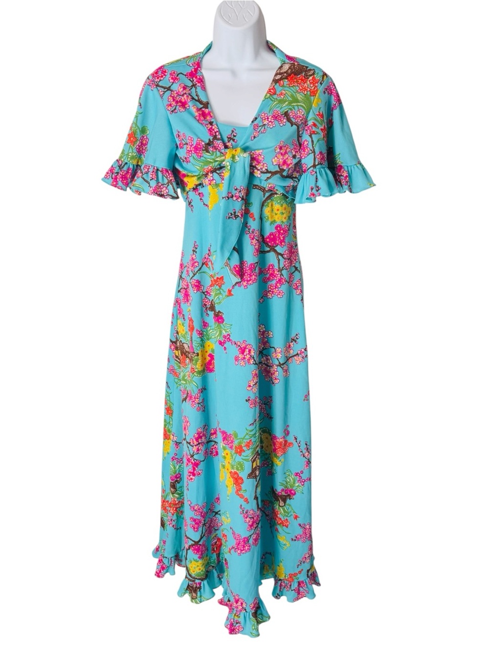 UNION MADE 70’s Vintage Two Piece Slip Dress Maxi Hawaiian Ruffle Accents Women